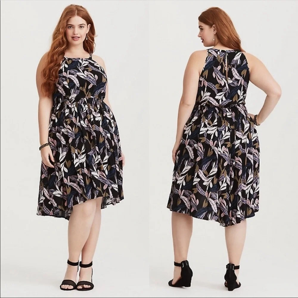 šNEW Torrid Black Palm Leaf Print High Neck Swing Midi Dress Size 00 Large